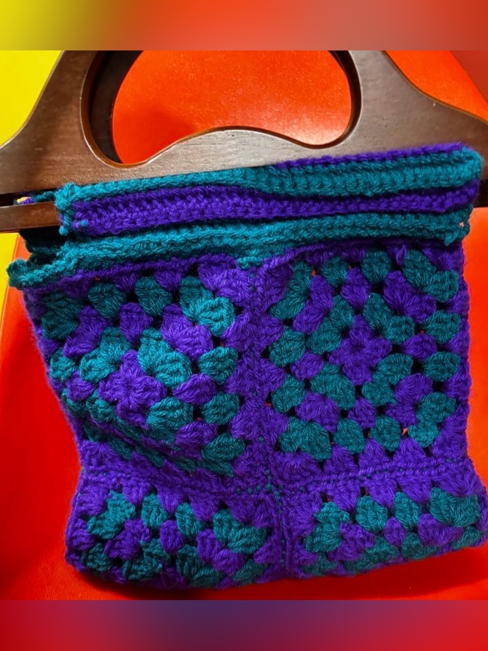Vintage handmade crochet granny square wooden handled handbag